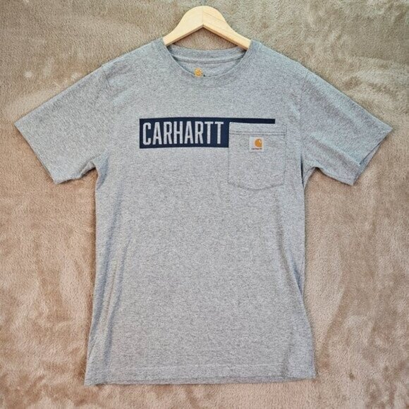 Carhartt T-Shirt Spell Out Logo Pocket Tee Gray Relaxed Fit Short Sleeve Mens S - Picture 1 of 10
